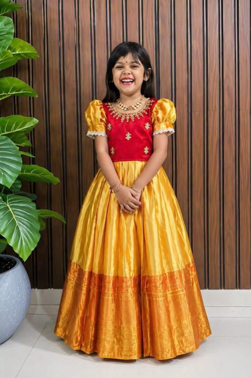 kids gown kanjivaram silk Orange Kids fashion distributor in Gujarat